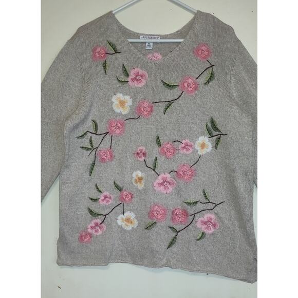 Appleseeds Sweater Linen Blend Oatmeal Beige Limited Edition Embroidery Sz XL - Picture 4 of 16